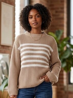 GAP Beige Crewneck Sweater with White Stripes Size Med